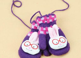 雙層針織加厚掛脖兒童手套 方格卡通圖案的冬日暖趣